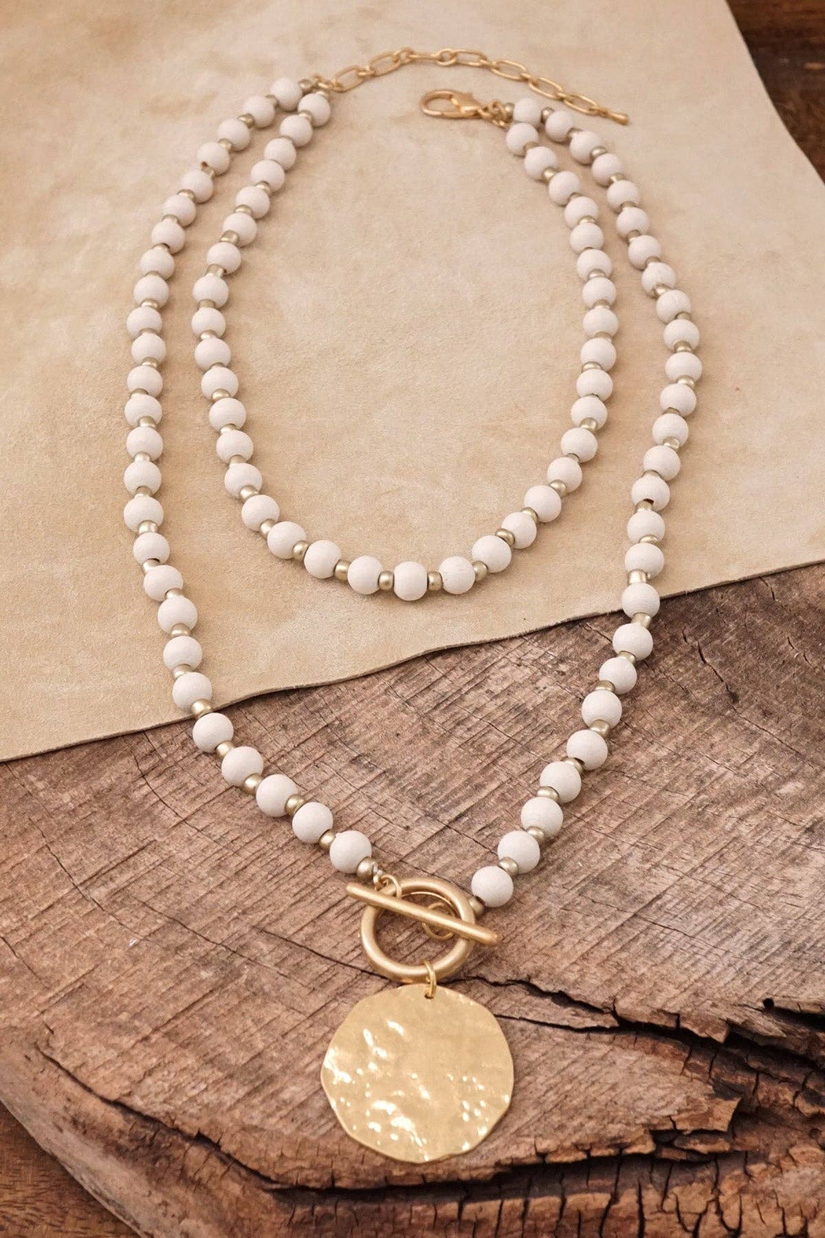 Multi Strand Wooden Beads Short Coin Necklace in Cream and G