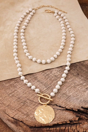 Multi Strand Wooden Beads Short Coin Necklace in Cream and G