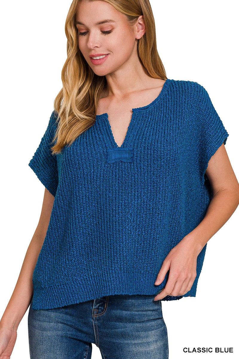 Classic Blue Rolled Split Neck Side Slit Pullover Knit