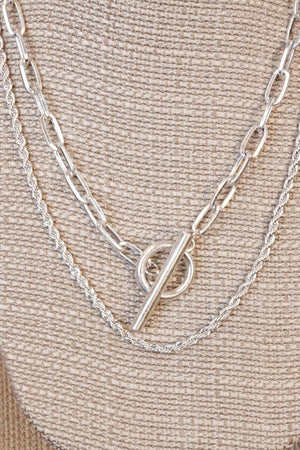 Front Toggle Closure Necklace Multi Layer Chain in Silver Tone tone