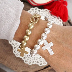 Chunky Chain and Beads Cross Bracelet Worn Gold Silver Tone: Worn Silver tone