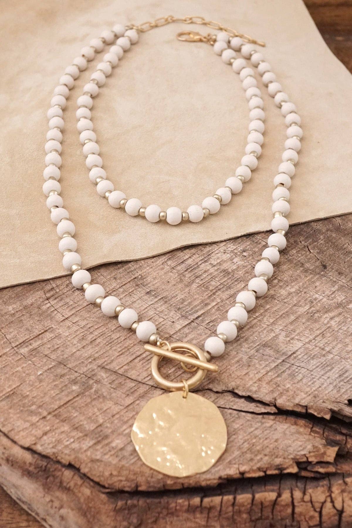 Multi Strand Wooden Beads Short Coin Necklace in Cream and G