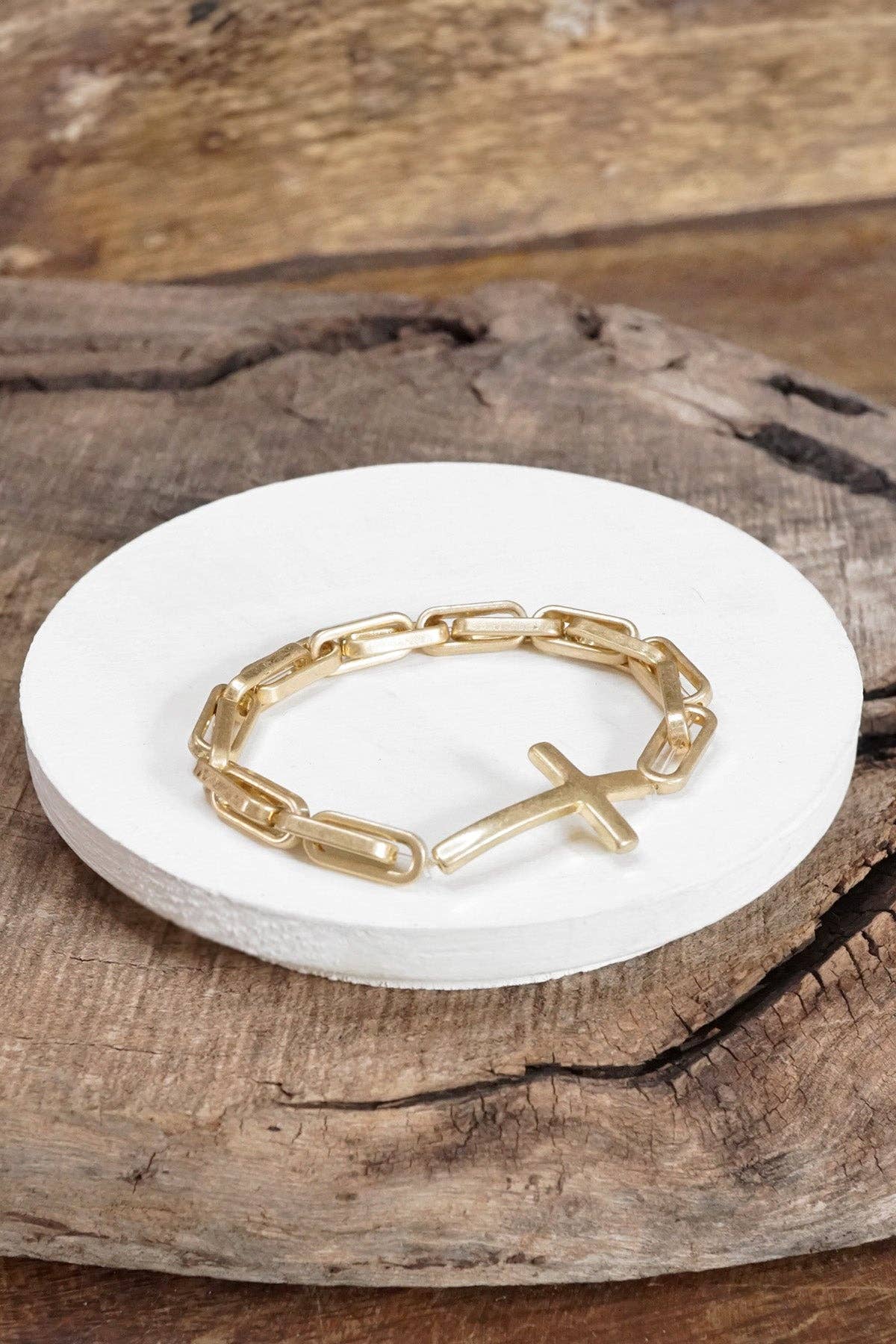 Sideways Cross bracelet worn gold silver tone stretch chain minimal style: Worn Gold tone
