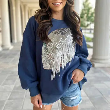 Navy/Silver Sequin Fringe Football Pullover