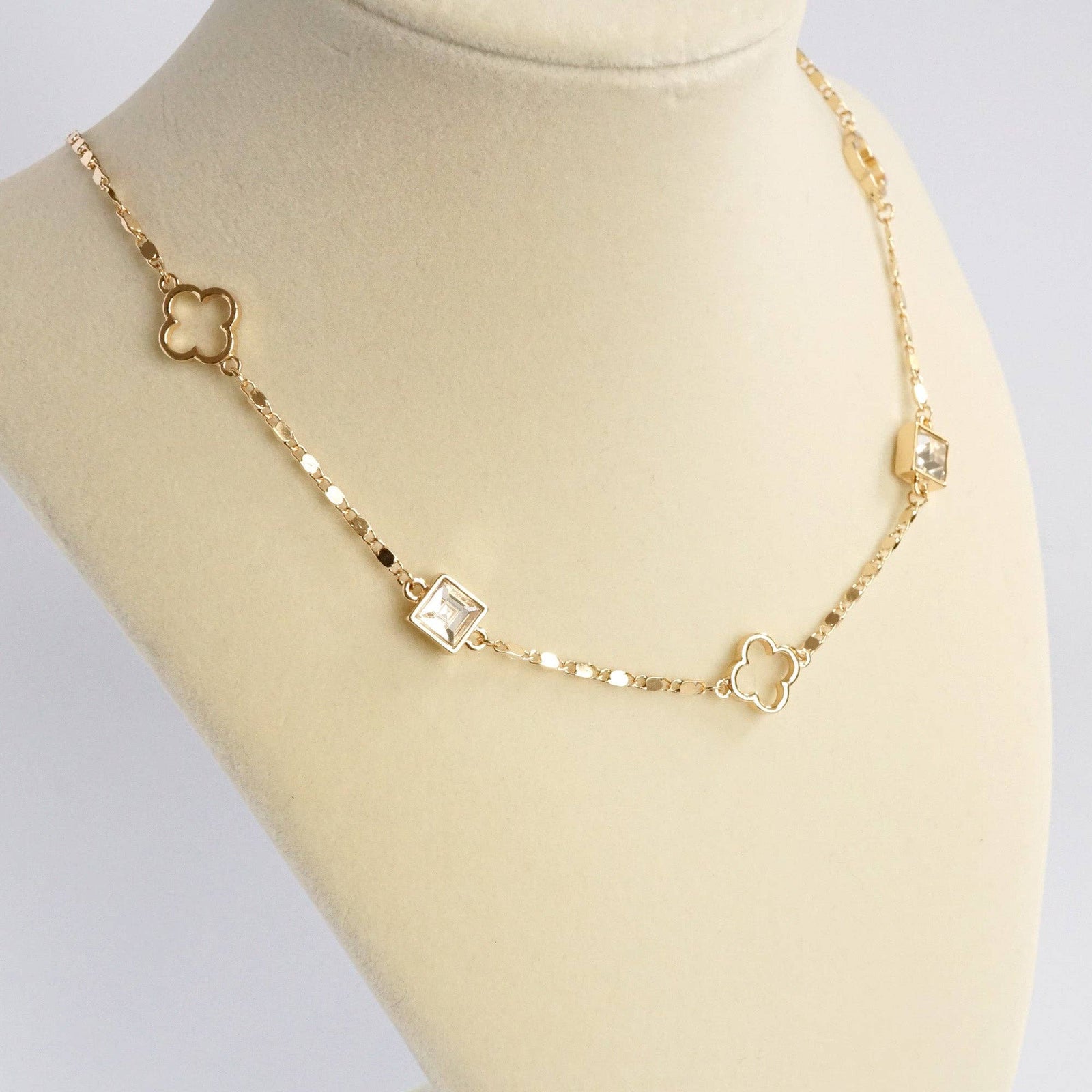 Clover station dainty short necklace with crystals in Gold and Silver Tones: Gold tone