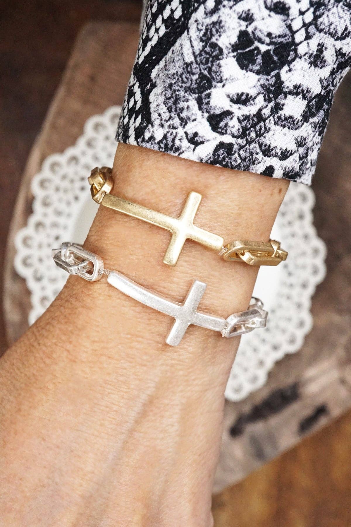 Sideways Cross bracelet worn gold silver tone stretch chain minimal style: Worn Gold tone