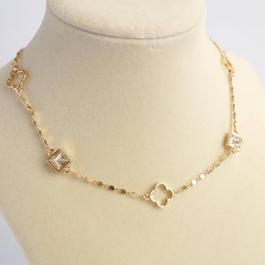 Clover station dainty short necklace with crystals in Gold and Silver Tones: Gold tone