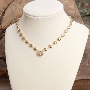 Clear Crystal Bezel Pendant Dot Chain Neckline Necklace: Gold Tone