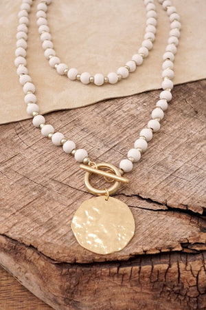 Multi Strand Wooden Beads Short Coin Necklace in Cream and G