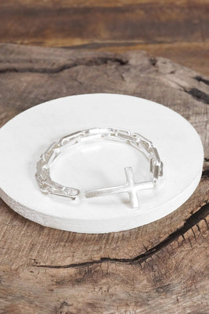 Sideways Cross bracelet worn gold silver tone stretch chain minimal style: Worn Gold tone