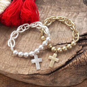 Chunky Chain and Beads Cross Bracelet Worn Gold Silver Tone: Worn Silver tone