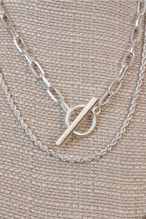 Front Toggle Closure Necklace Multi Layer Chain in Silver Tone tone