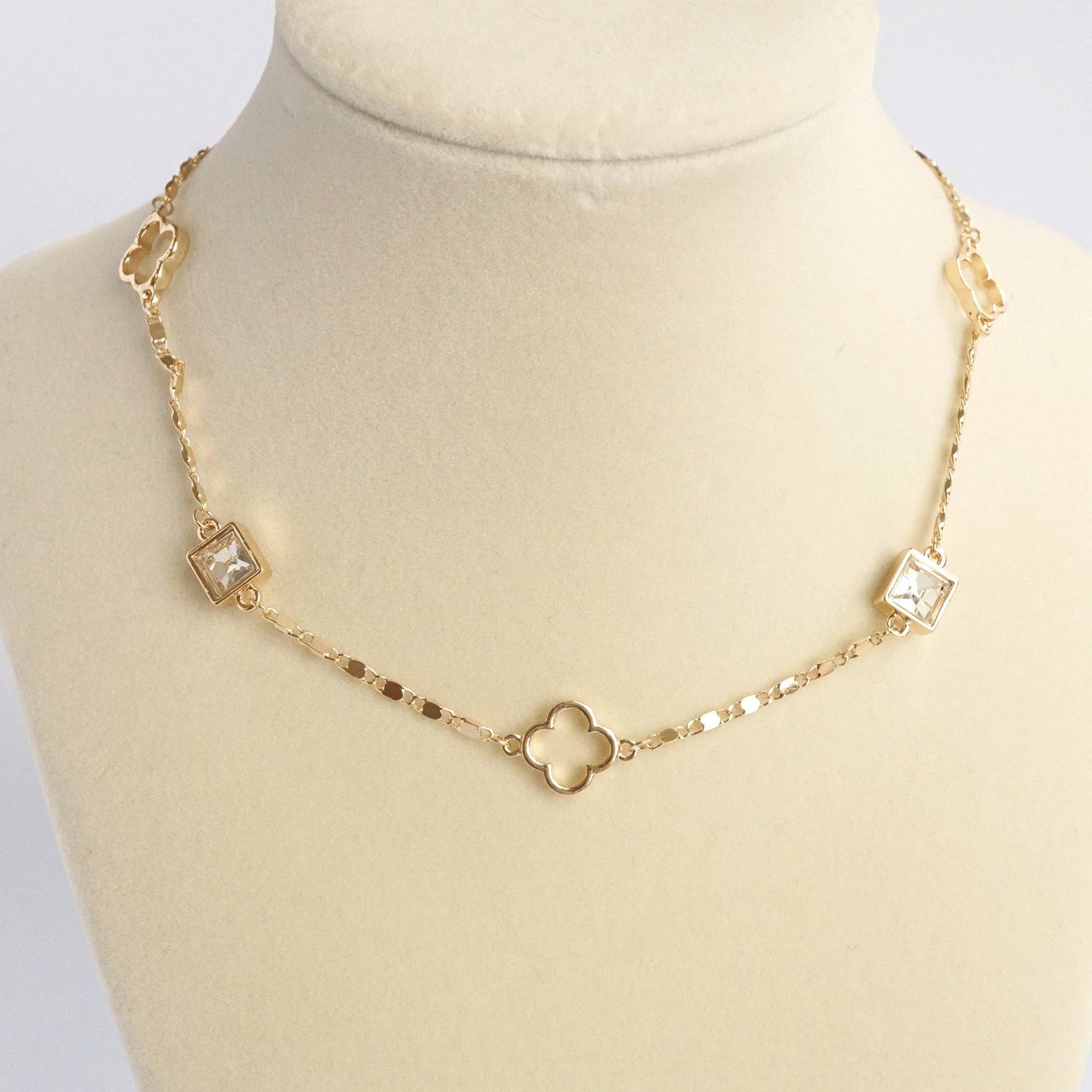 Clover station dainty short necklace with crystals in Gold and Silver Tones: Gold tone